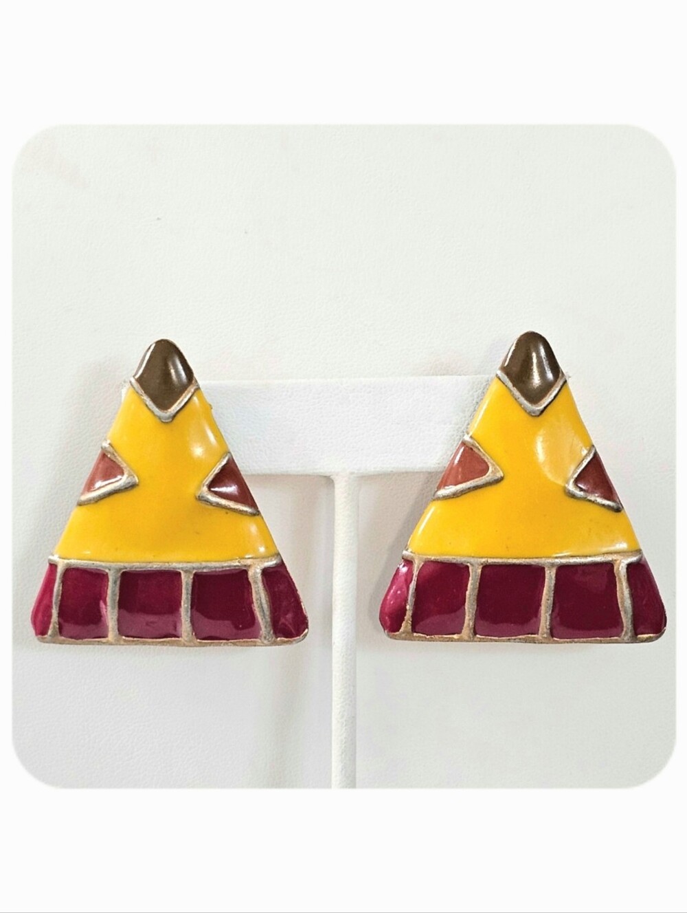 Vintage 80s 90s Enamel Geometric Triangle Statement Earrings Large